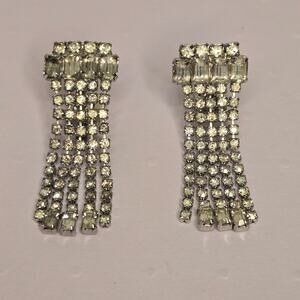 Vintage Clear Rhinestone Waterfall Clip On Earrings Silver Tone Tassel Fringe